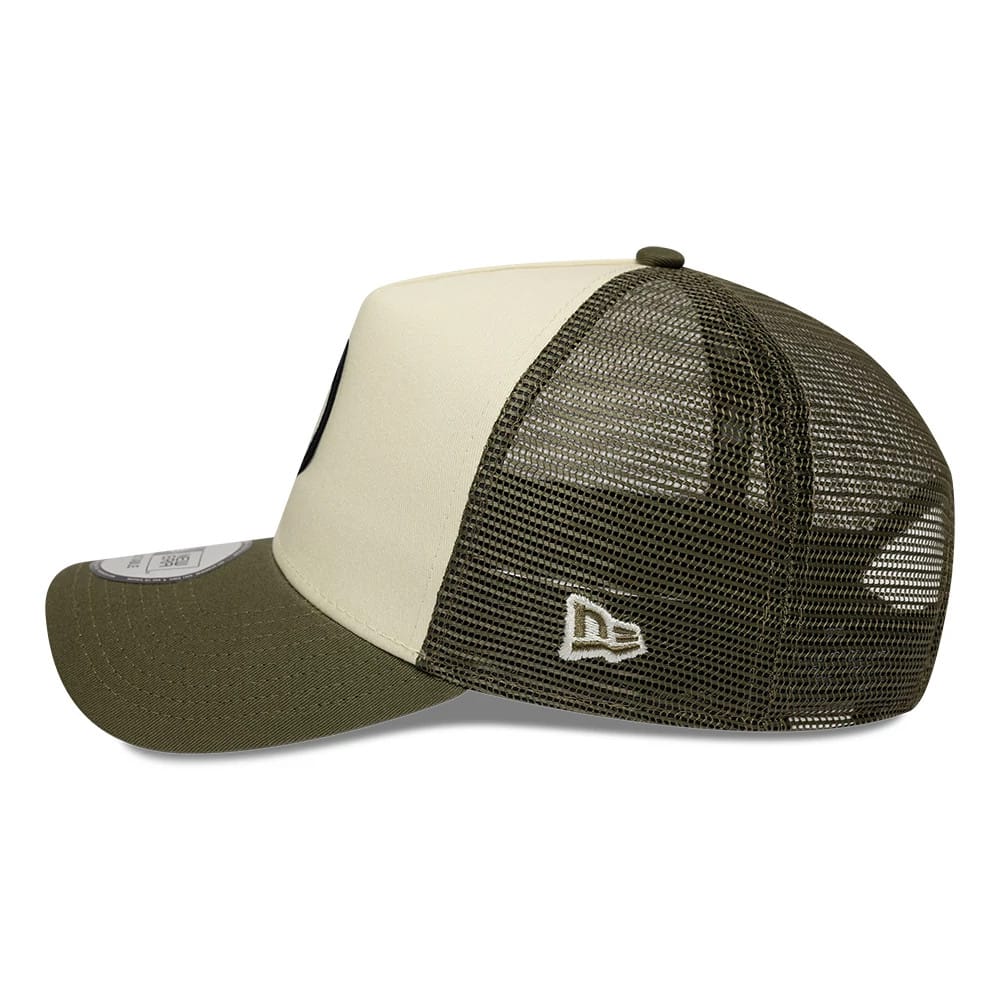 Pictured is this New Era Round Patch 9FORTY A-Frame Trucker Adjustable cap in white. 4