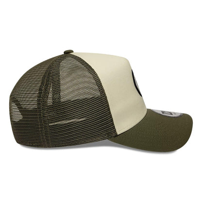 Pictured is this New Era Round Patch 9FORTY A-Frame Trucker Adjustable cap in white. 5