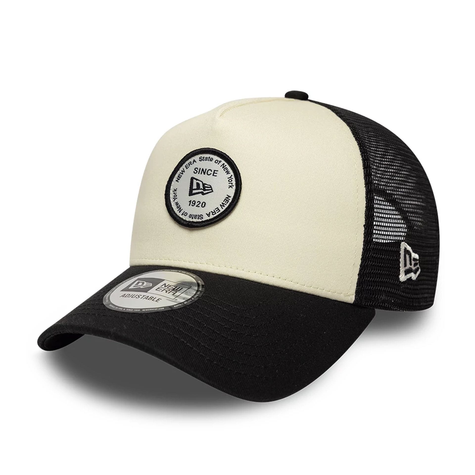Pictured is this New Era Round Patch 9FORTY A-Frame Trucker Adjustable cap in white. 1