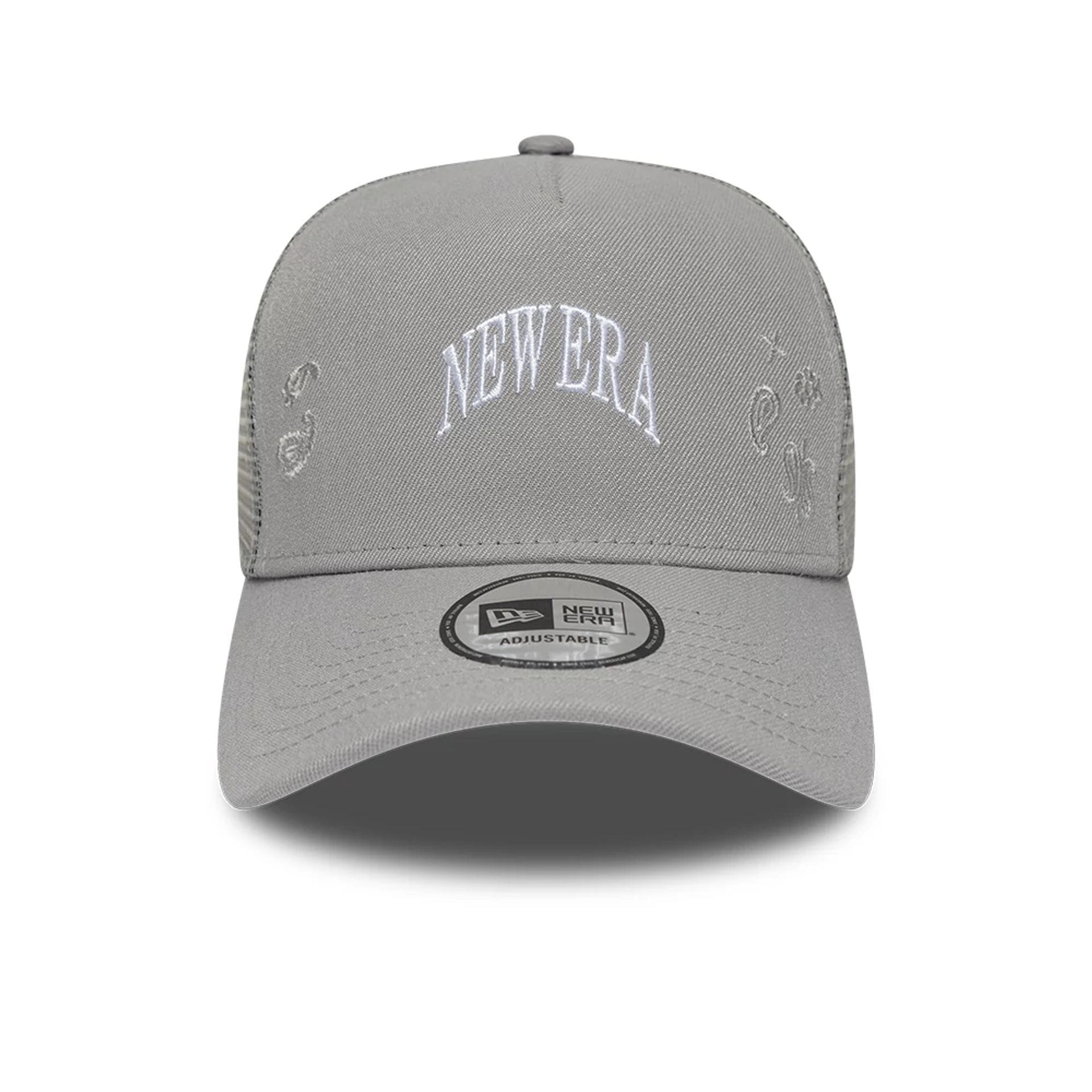 Pictured is this New Era Paisley Emblem 9FORTY A-Frame Trucker cap in grey. 2