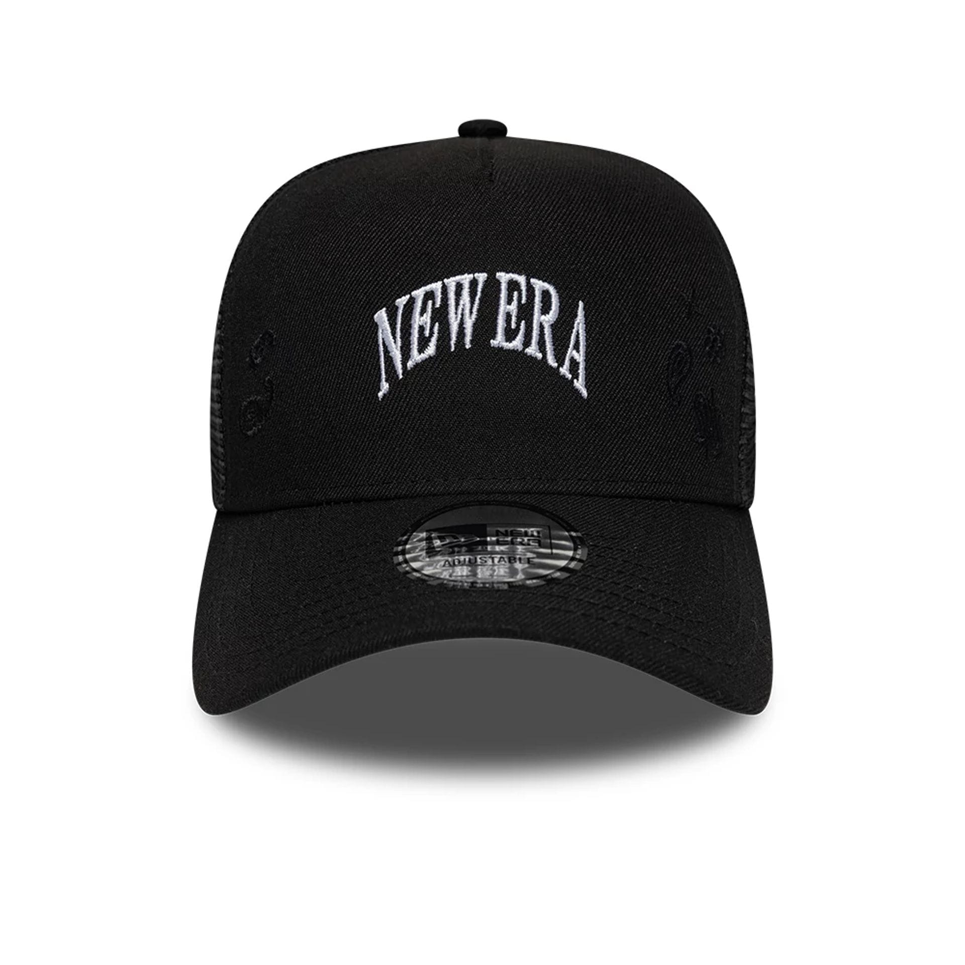 Pictured is this New Era Paisley Emblem 9FORTY A-Frame Trucker cap in black. 2