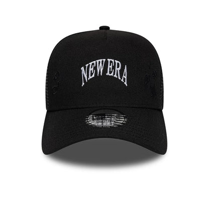 Pictured is this New Era Paisley Emblem 9FORTY A-Frame Trucker cap in black. 2