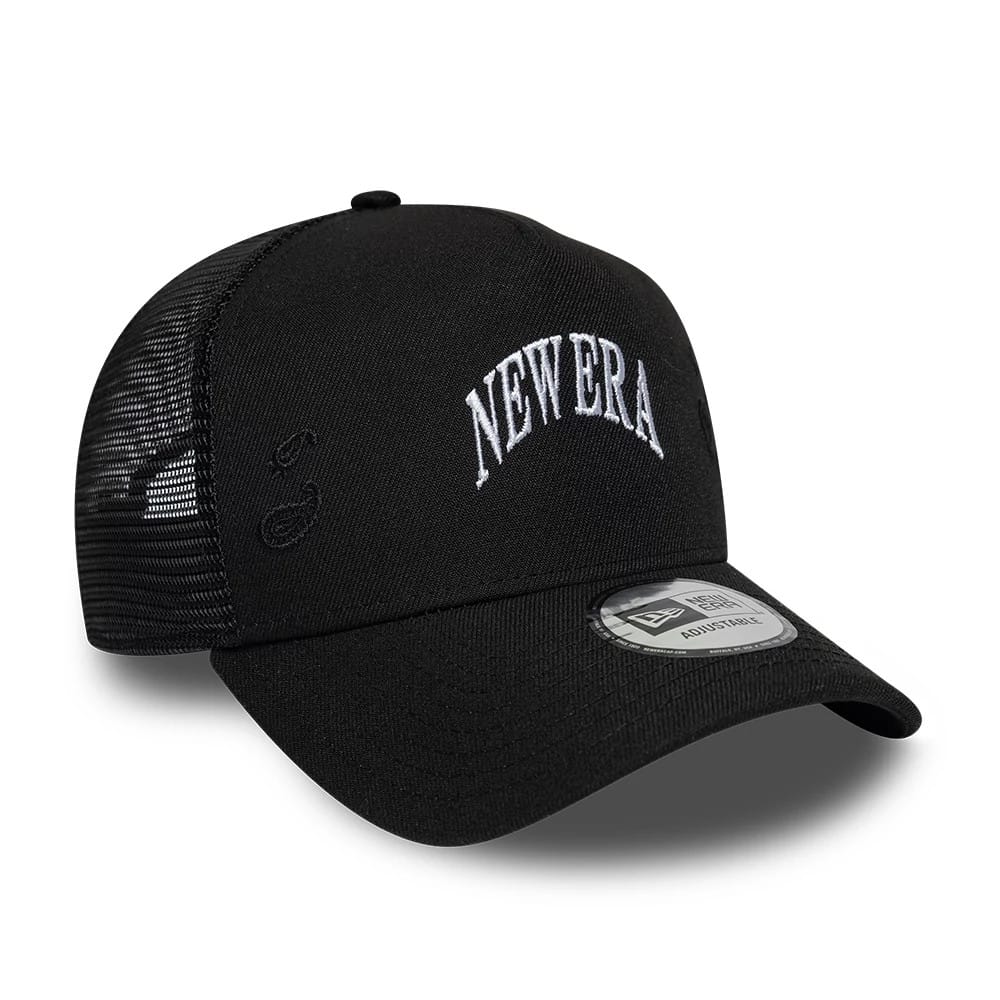 Pictured is this New Era Paisley Emblem 9FORTY A-Frame Trucker cap in black. 3