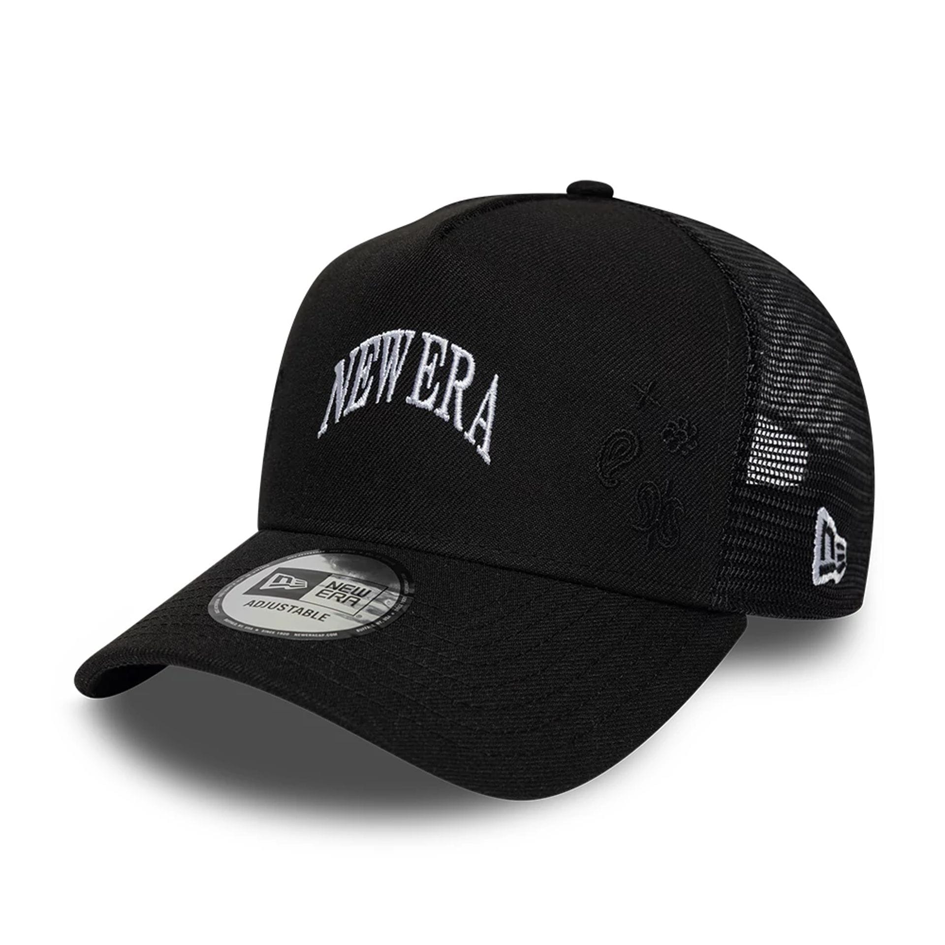 Pictured is this New Era Paisley Emblem 9FORTY A-Frame Trucker cap in black. 1