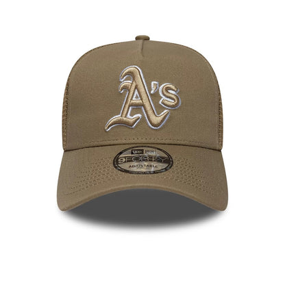 Pictured is this MLB Patch Athletics 9FORTY A-Frame Trucker cap in dark green. 2