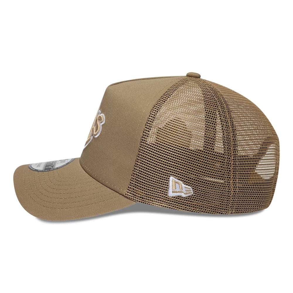 Pictured is this MLB Patch Athletics 9FORTY A-Frame Trucker cap in dark green. 5