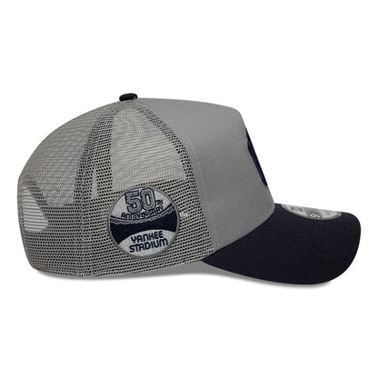 Pictured is this MLB Patch New York Yankees 9FORTY A-Frame Trucker cap in grey & navy. 4
