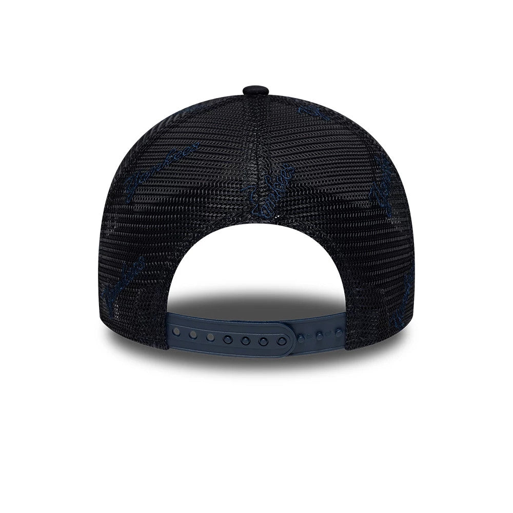 New York Yankees MLB Mesh Navy New Era 9FORTY A-Frame Trucker Adjustable Cap, rear view showing the navy plastic adjustable strap and the structured mesh design of the back panels without any visible logos or embroidery.
