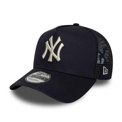 Pictured is this MLB Mesh New York Yankees 9FORTY A-Frame Trucker cap in navy. 1