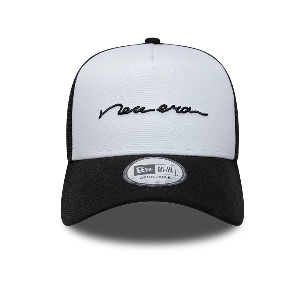 Pictured is this New Era Handwritten 9FORTY A-Frame Trucker cap in white & black. 2