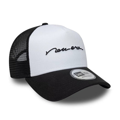 Pictured is this New Era Handwritten 9FORTY A-Frame Trucker cap in white. 3