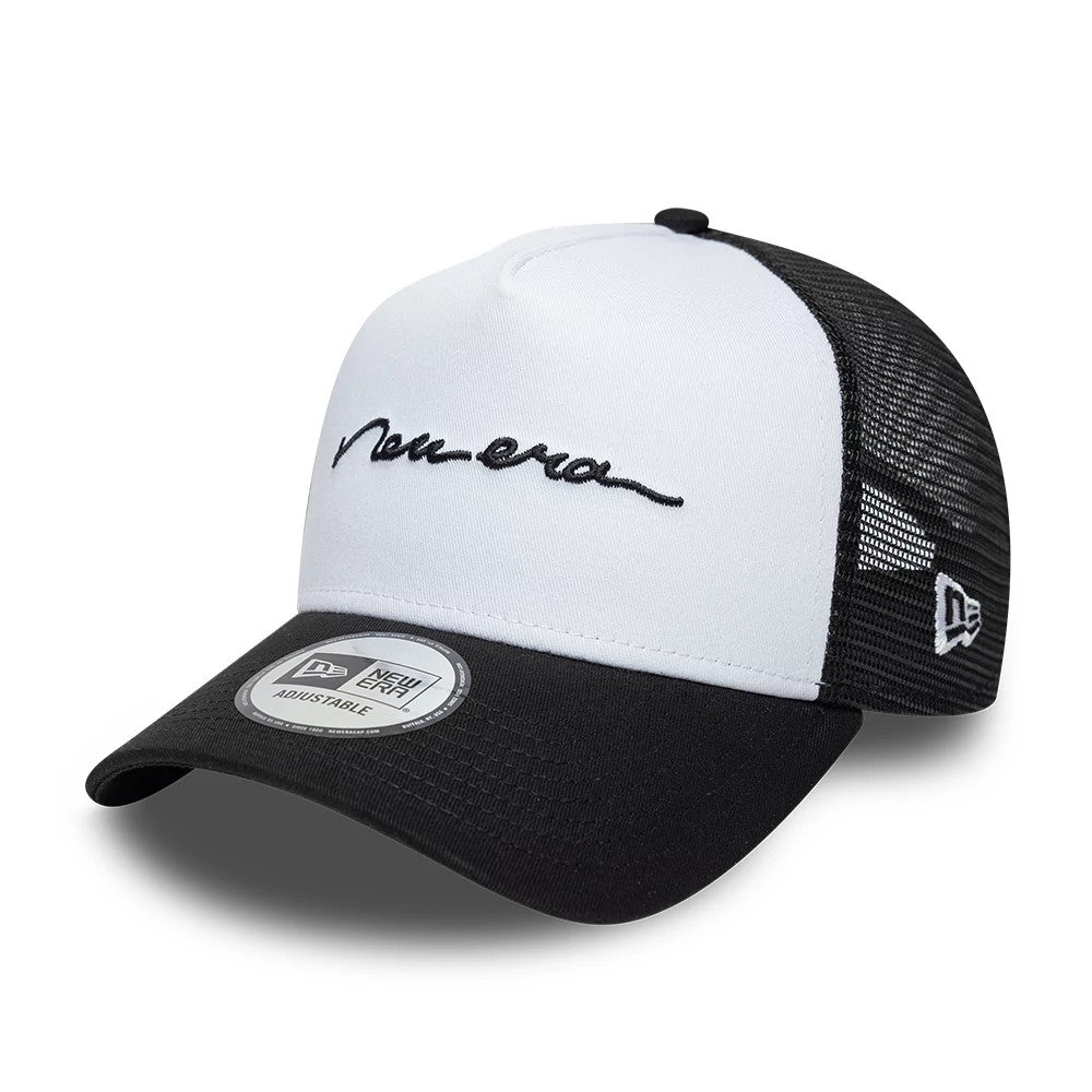 Pictured is this New Era Handwritten 9FORTY A-Frame Trucker cap in white & black. 1