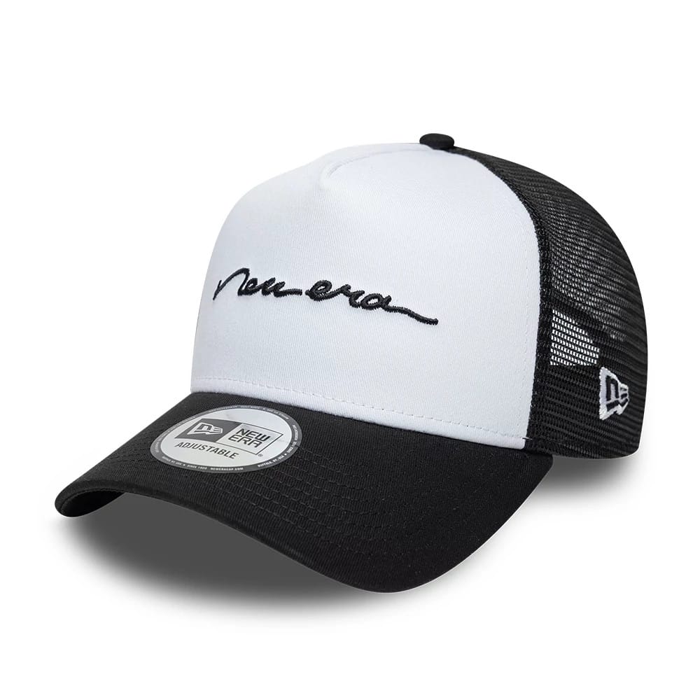 Pictured is this New Era Handwritten 9FORTY A-Frame Trucker cap in white & black. 1