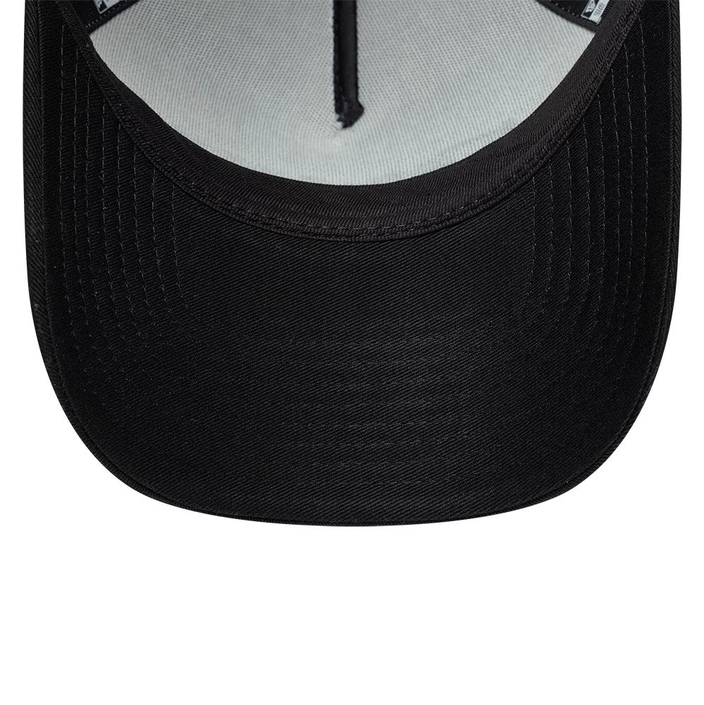Pictured is this New Era Handwritten 9FORTY A-Frame Trucker cap in white & black. 7