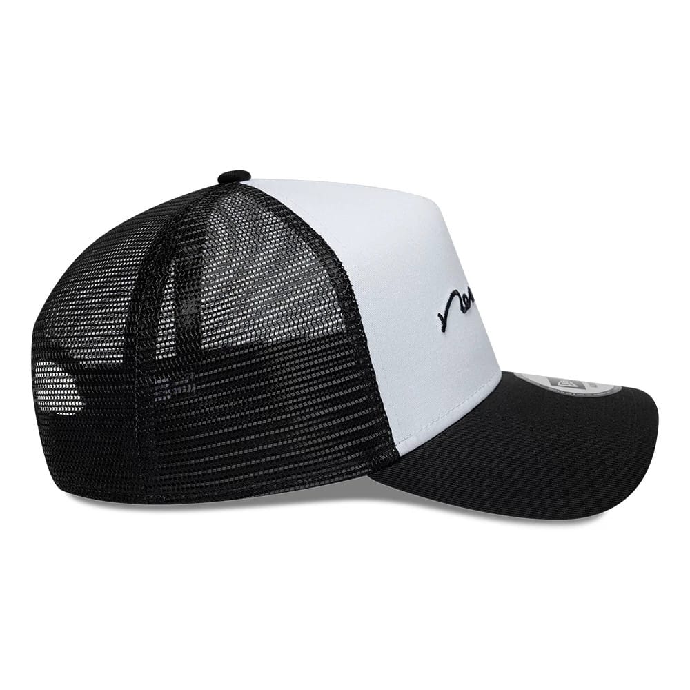 Pictured is this New Era Handwritten 9FORTY A-Frame Trucker cap in white & black. 5