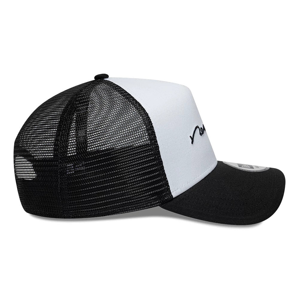 Pictured is this New Era Handwritten 9FORTY A-Frame Trucker cap in white & black. 5