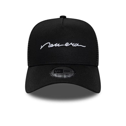 Pictured is this New Era Handwritten 9FORTY A-Frame Trucker cap in black. 2