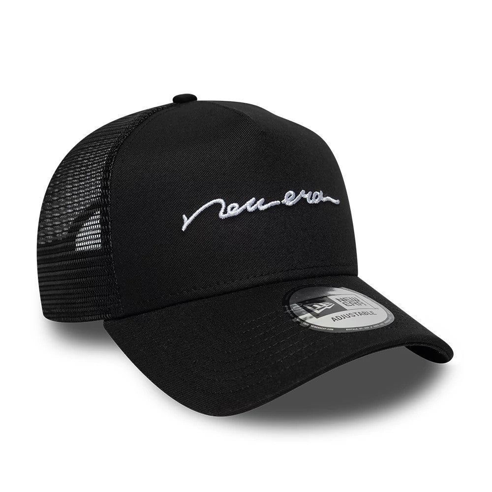 Pictured is this New Era Handwritten 9FORTY A-Frame Trucker cap in black. 3