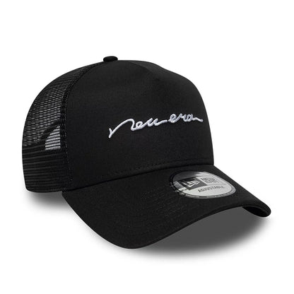 Pictured is this New Era Handwritten 9FORTY A-Frame Trucker cap in black. 3