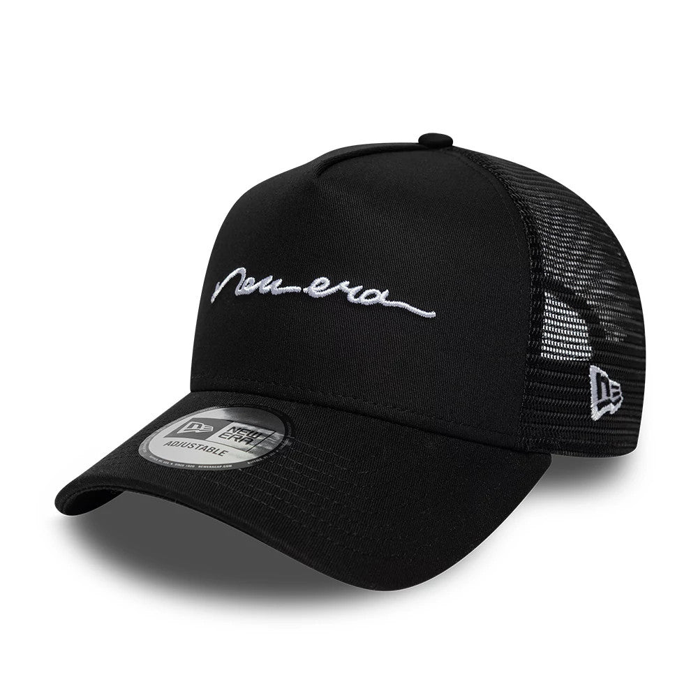 Pictured is this New Era Handwritten 9FORTY A-Frame Trucker cap in black. 1