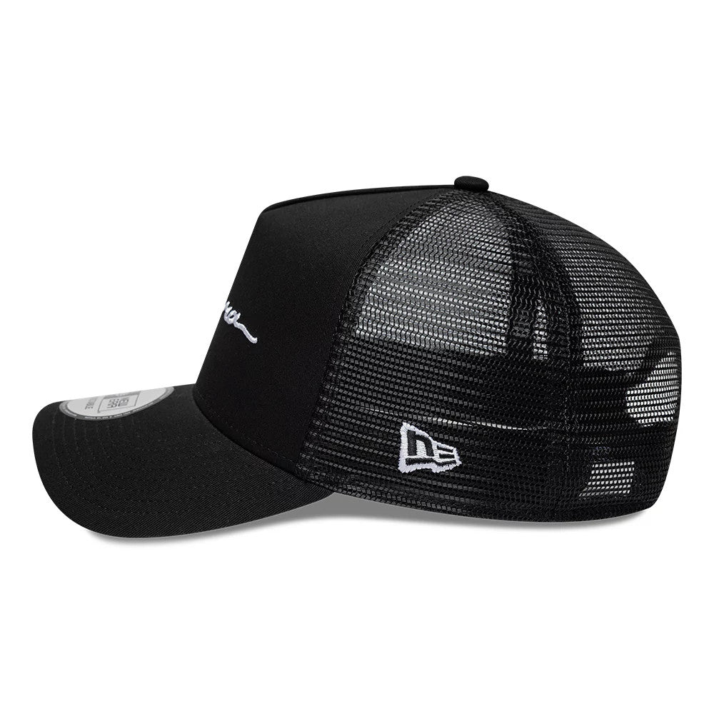 Pictured is this New Era Handwritten 9FORTY A-Frame Trucker cap in black. 4
