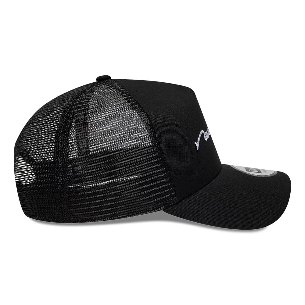 Pictured is this New Era Handwritten 9FORTY A-Frame Trucker cap in black. 5