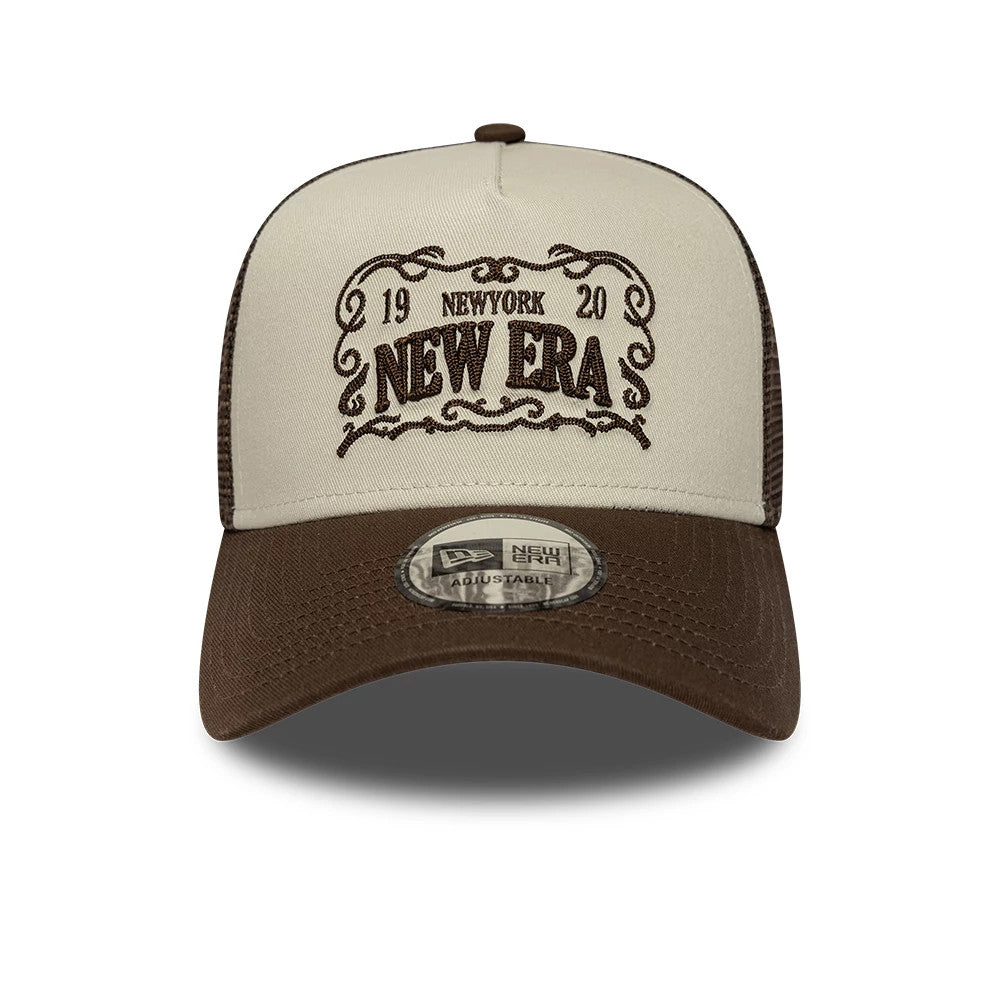 Pictured is this New Era Frame Logo 9FORTY A-Frame Trucker cap in Dark Brown. 2