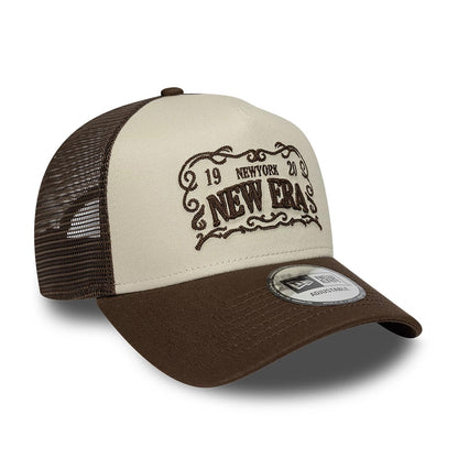 Pictured is this New Era Frame Logo 9FORTY A-Frame Trucker cap in Dark Brown. 3
