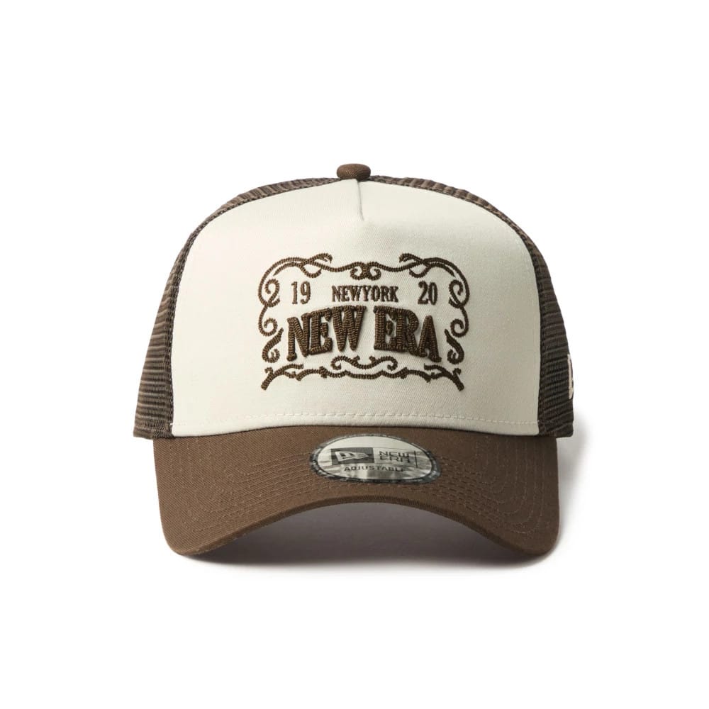 Pictured is this New Era Frame Logo 9FORTY A-Frame Trucker cap in Dark Brown. 2