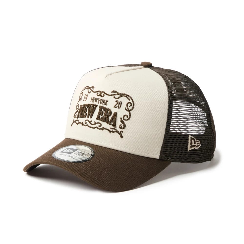 Pictured is this New Era Frame Logo 9FORTY A-Frame Trucker cap in Dark Brown. 9