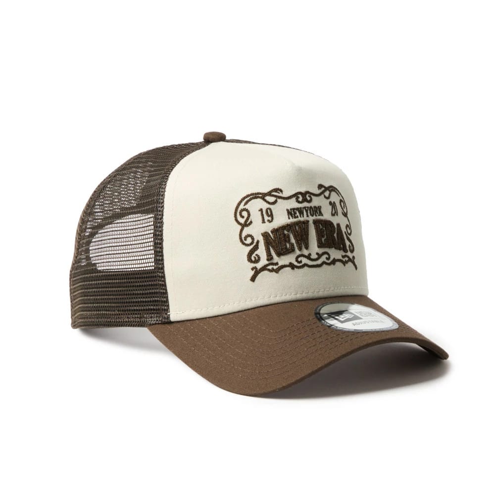 Pictured is this New Era Frame Logo 9FORTY A-Frame Trucker cap in Dark Brown. 3