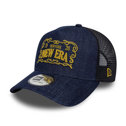 Pictured is this New Era Frame Logo 9FORTY A-Frame Trucker cap in navy. 1