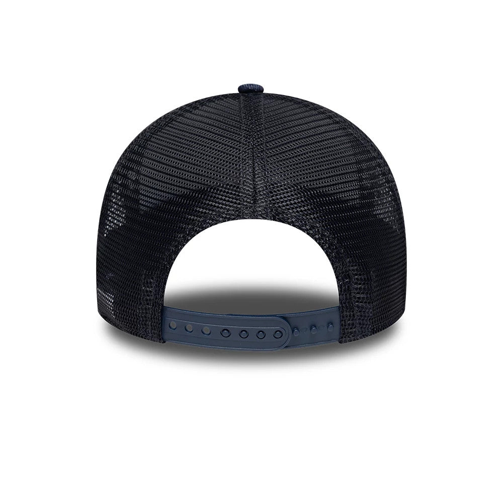 Pictured is this New Era Frame Logo 9FORTY A-Frame Trucker cap in navy. 7