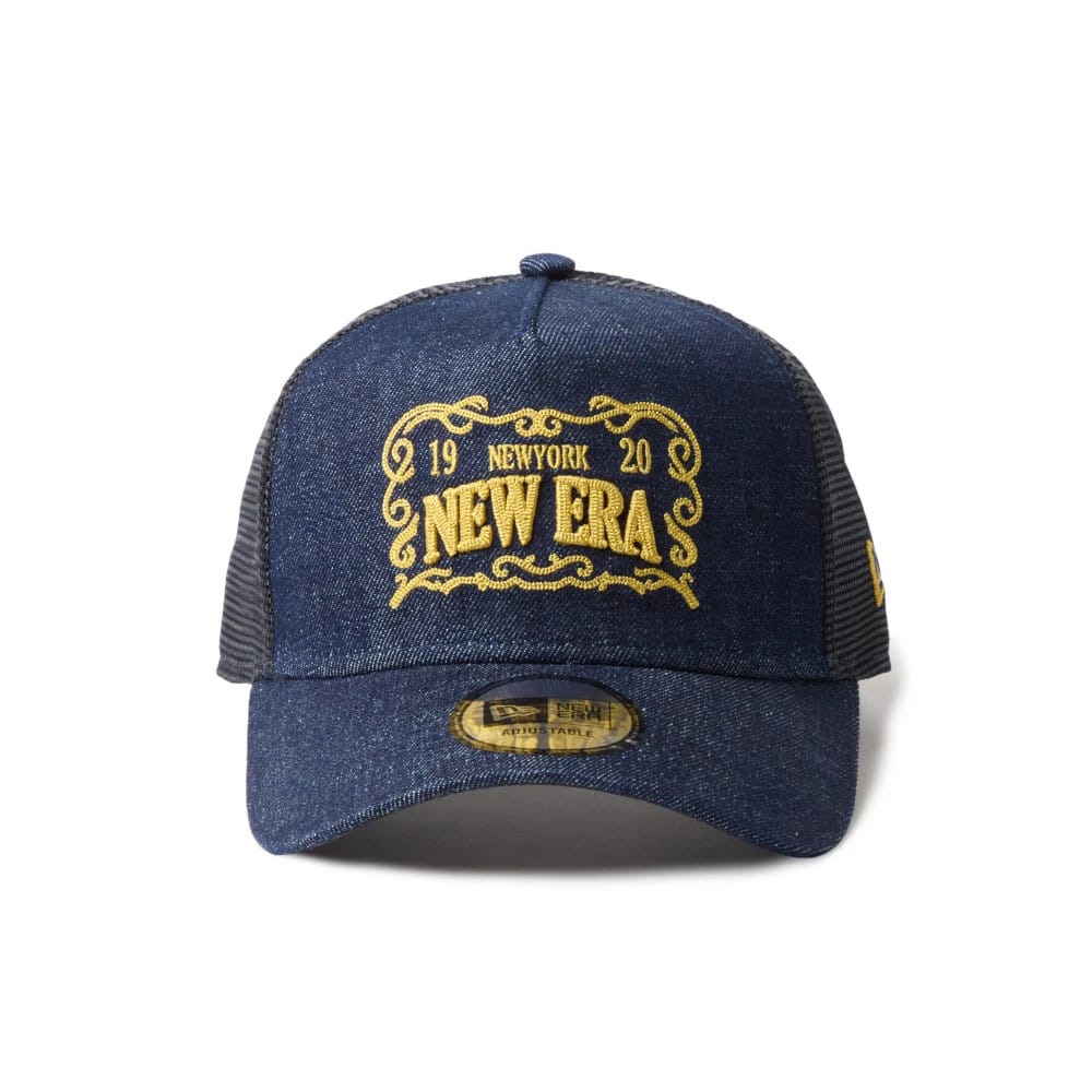 Pictured is this New Era Frame Logo 9FORTY A-Frame Trucker cap in navy. 2