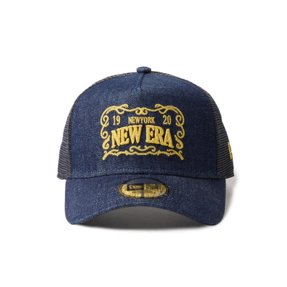 Pictured is this New Era Frame Logo 9FORTY A-Frame Trucker cap in navy. 2