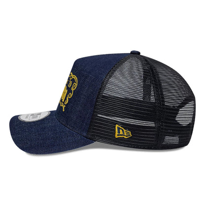 Pictured is this New Era Frame Logo 9FORTY A-Frame Trucker cap in navy. 5