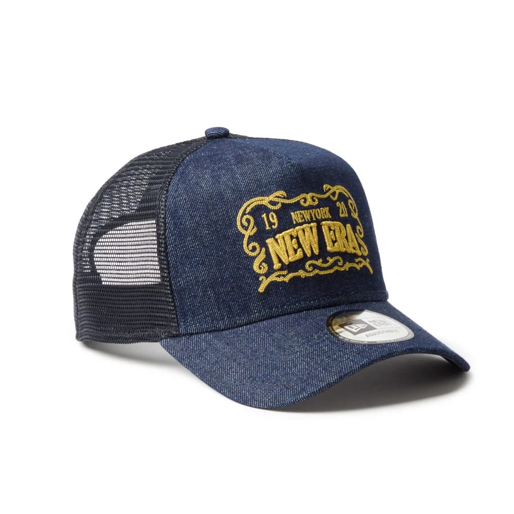 Pictured is this New Era Frame Logo 9FORTY A-Frame Trucker cap in navy. 3