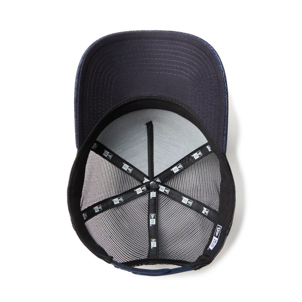 Pictured is this New Era Frame Logo 9FORTY A-Frame Trucker cap in navy. 8