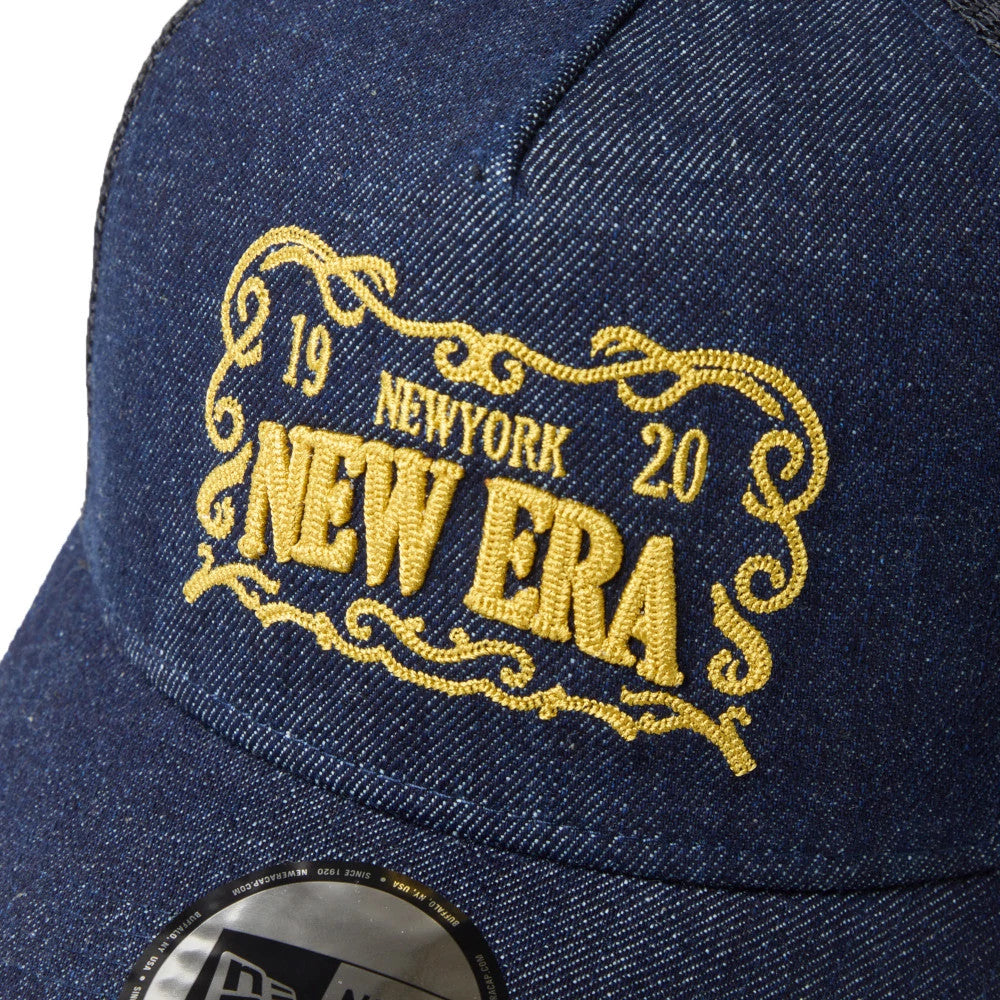 Pictured is this New Era Frame Logo 9FORTY A-Frame Trucker cap in navy. 4