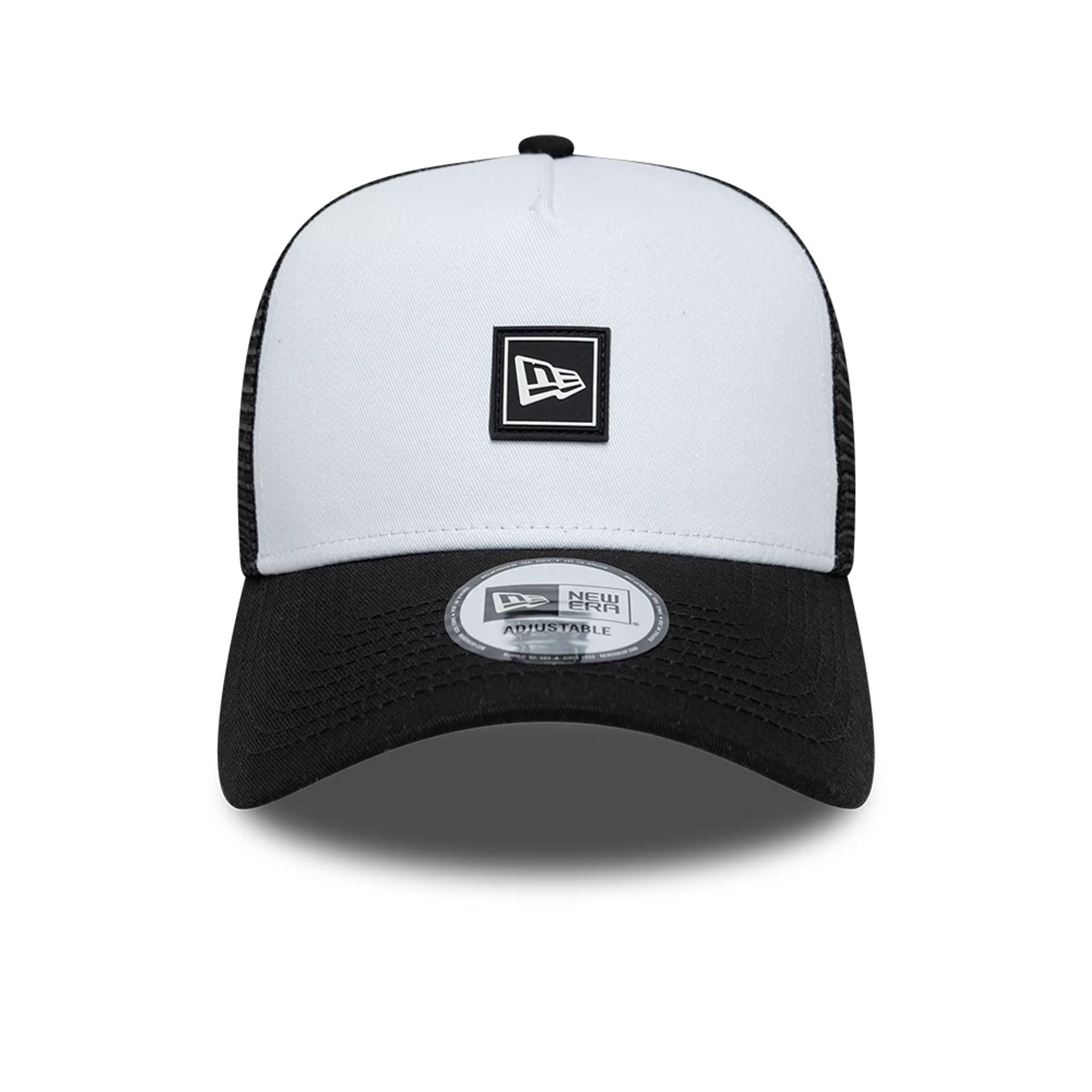 Pictured is this New Era Flag Patch 9FORTY A-Frame Trucker cap in white. 2