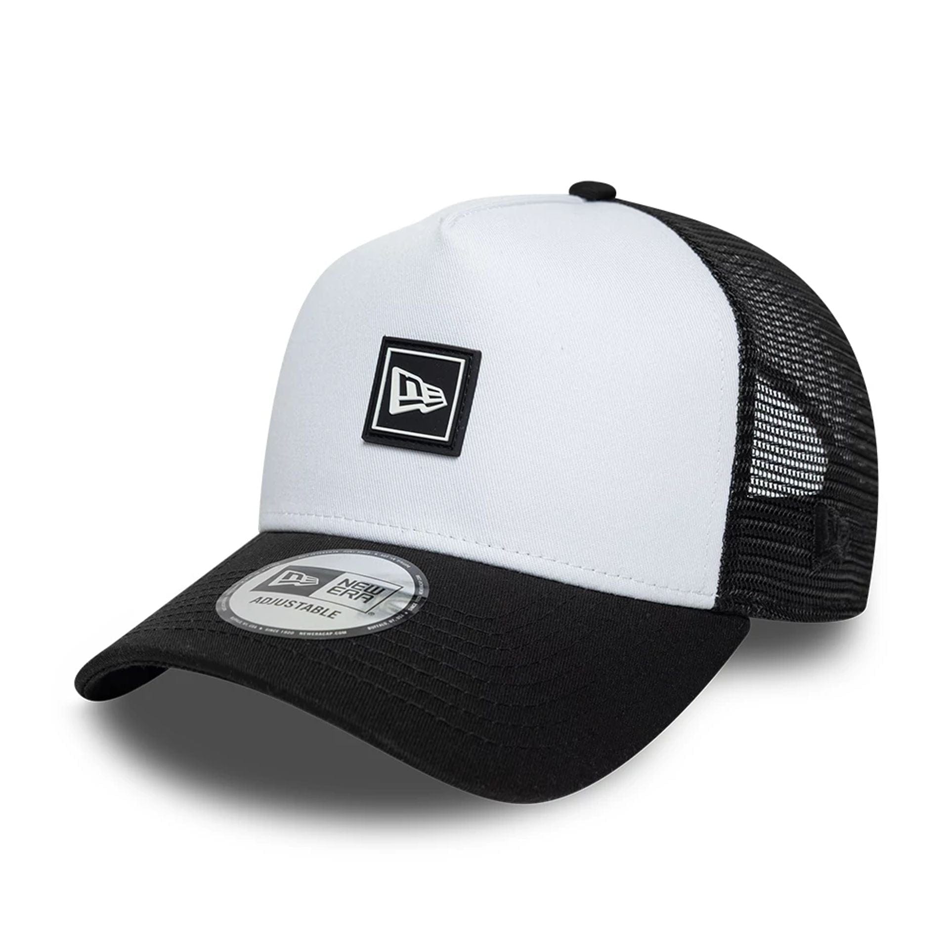 Pictured is this New Era Flag Patch 9FORTY A-Frame Trucker cap in white. 1