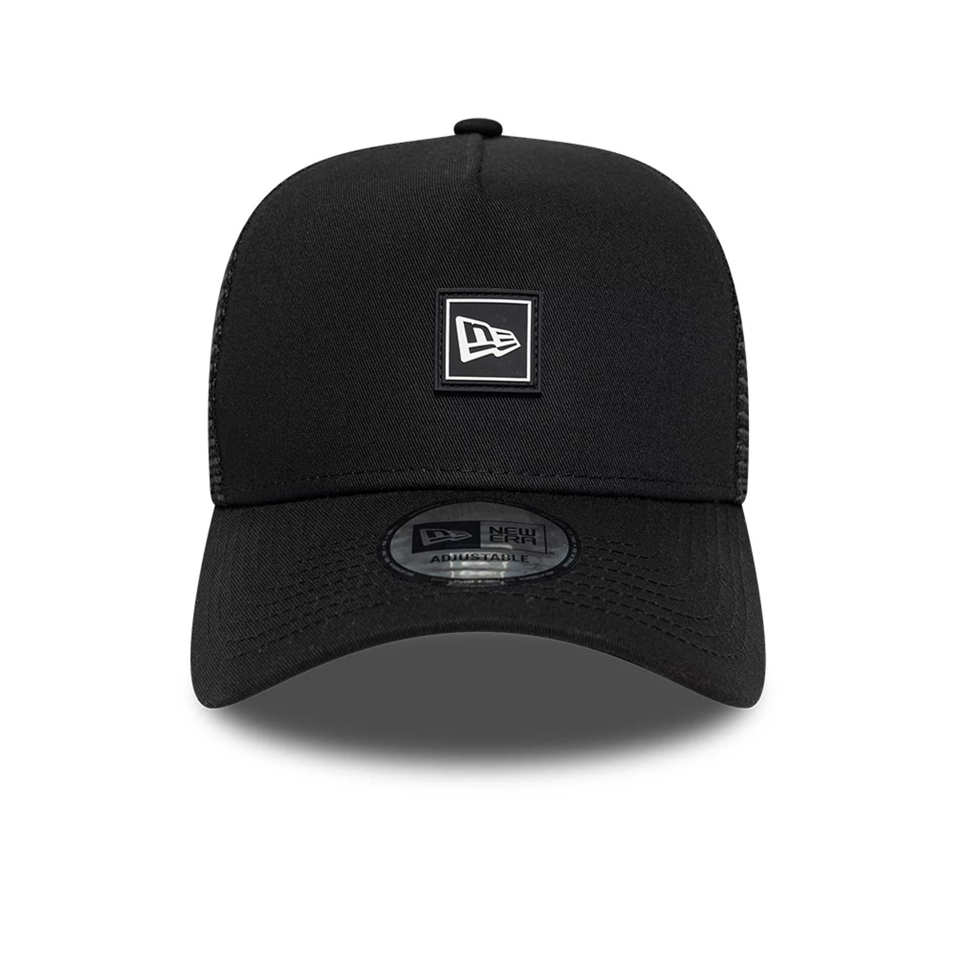 Pictured is this New Era Flag Patch 9FORTY A-Frame Trucker cap in black. 2