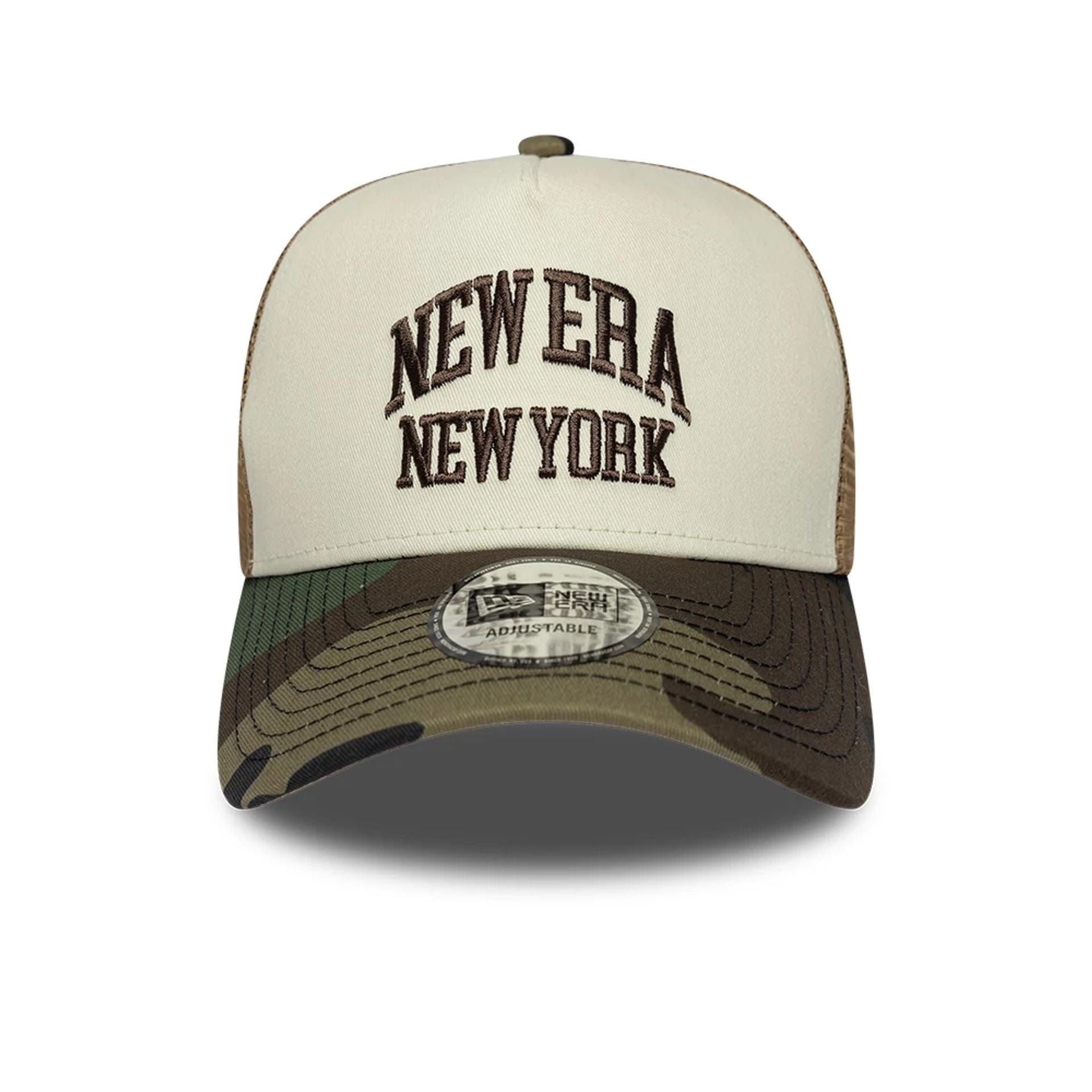 Pictured is this New Era Collegiate 9FORTY A-Frame Trucker cap in Beige. 2