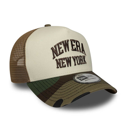 Pictured is this New Era Collegiate 9FORTY A-Frame Trucker cap in Beige. 3