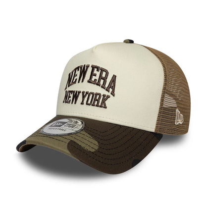 Pictured is this New Era Collegiate 9FORTY A-Frame Trucker cap in Beige. 1