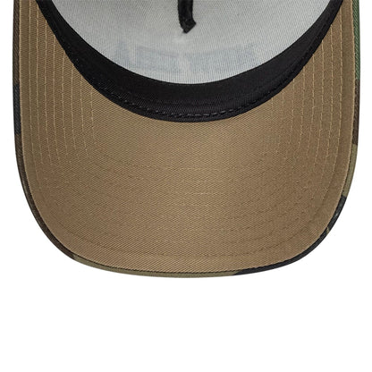 Pictured is this New Era Collegiate 9FORTY A-Frame Trucker cap in Beige. 7