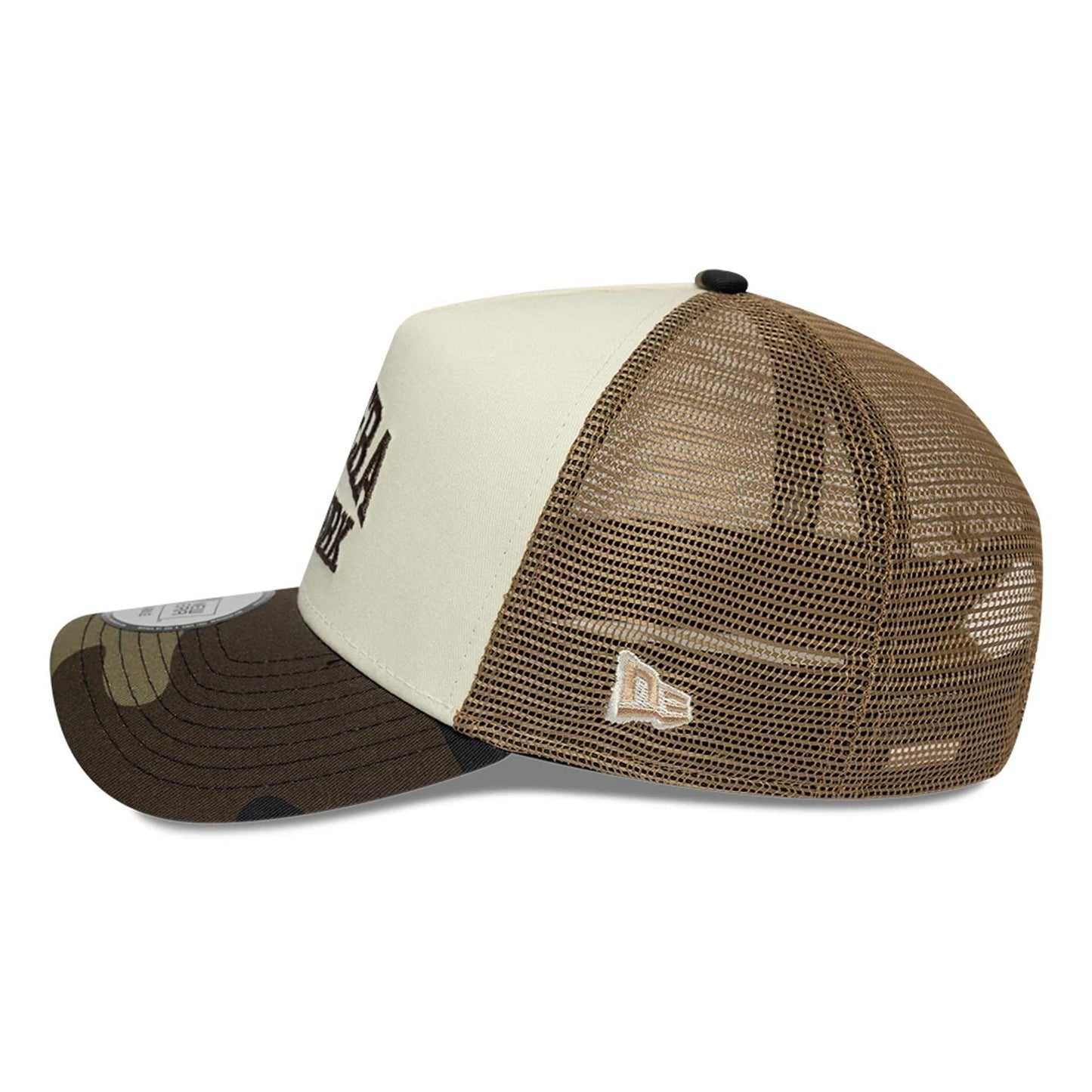 Pictured is this New Era Collegiate 9FORTY A-Frame Trucker cap in Beige. 4
