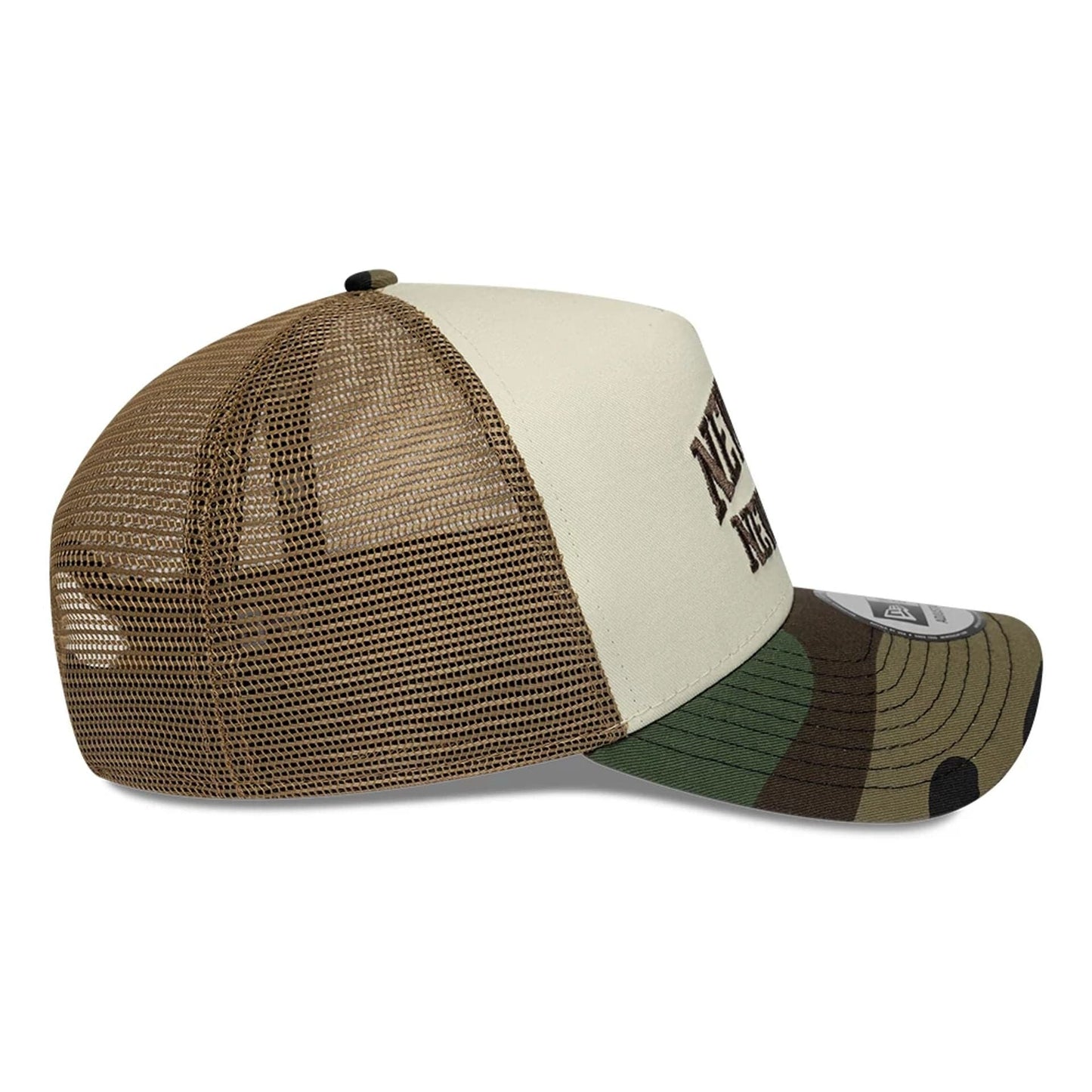 Pictured is this New Era Collegiate 9FORTY A-Frame Trucker cap in Beige. 5
