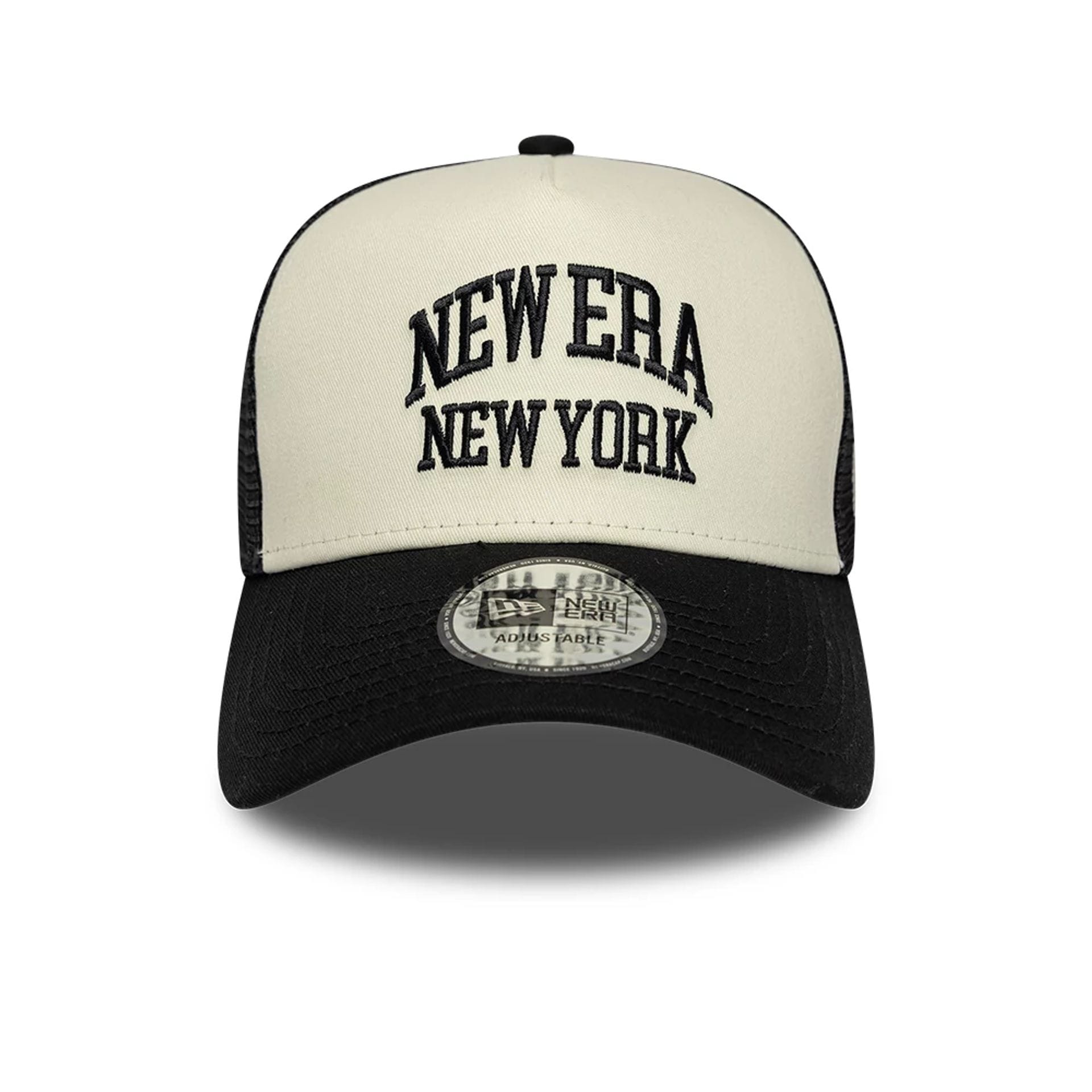 Pictured is this New Era Collegiate 9FORTY A-Frame Trucker cap in Cream. 2