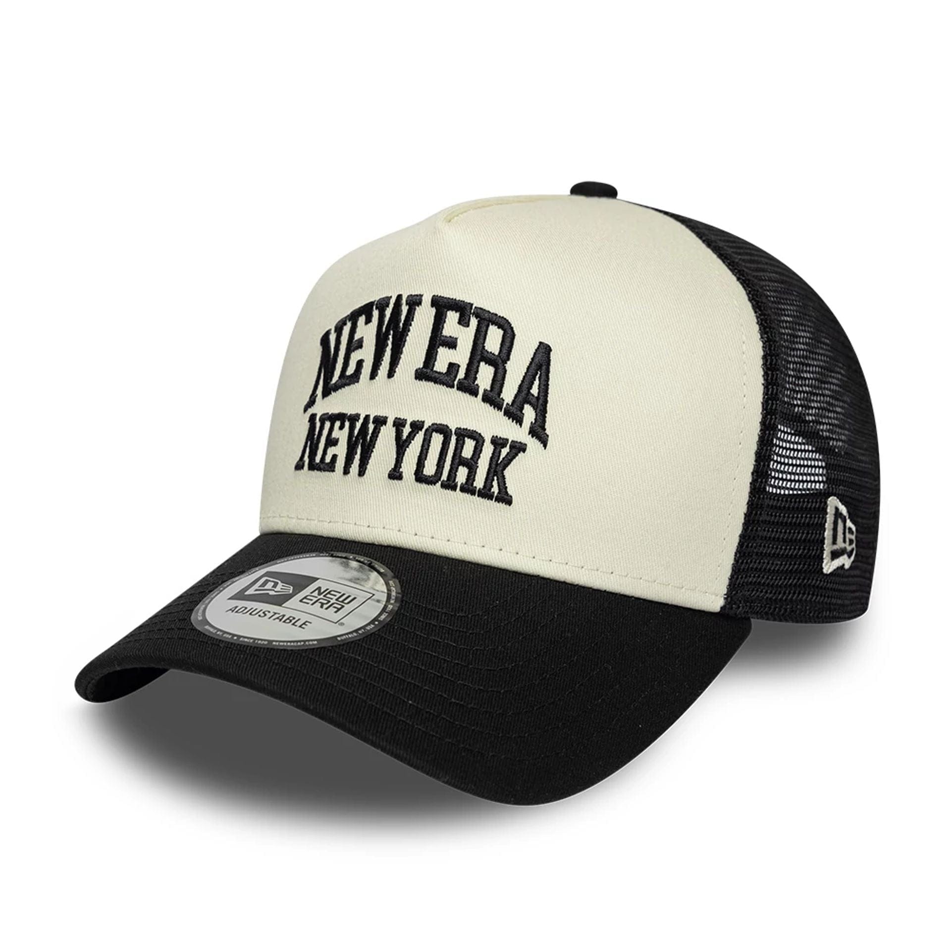 Pictured is this New Era Collegiate 9FORTY A-Frame Trucker cap in Cream. 1